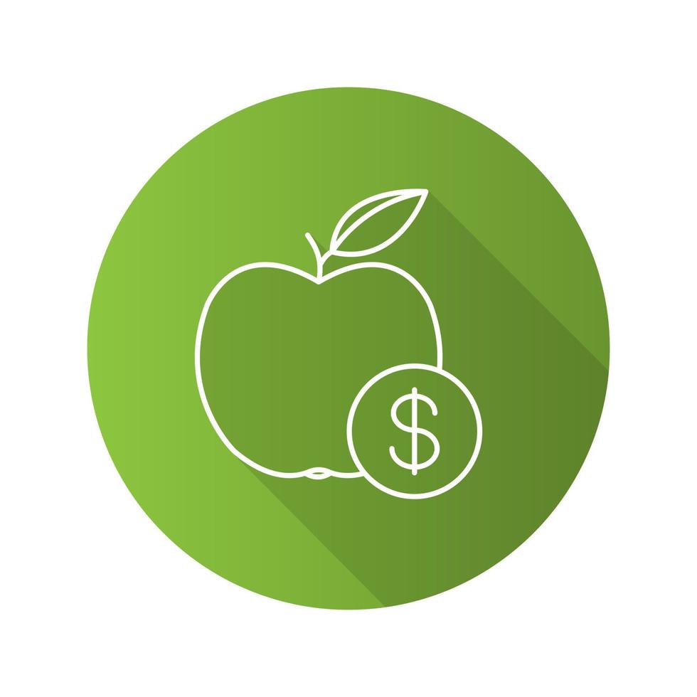 Fruit price flat linear long shadow icon. Apple with dollar sign. Vector outline symbol