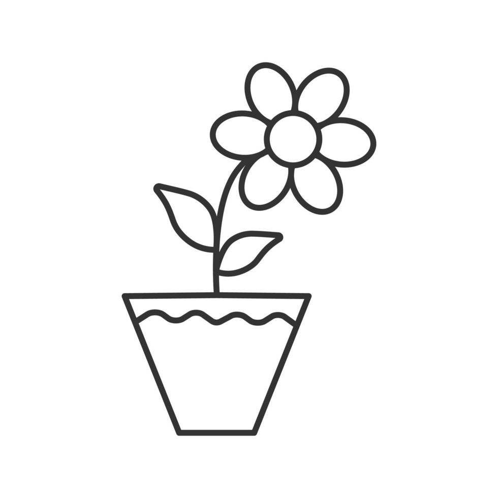Crocus flower in flowerpot linear icon. Indoor decorative plant thin line illustration. Blooming flower contour symbol. Vector isolated outline drawing