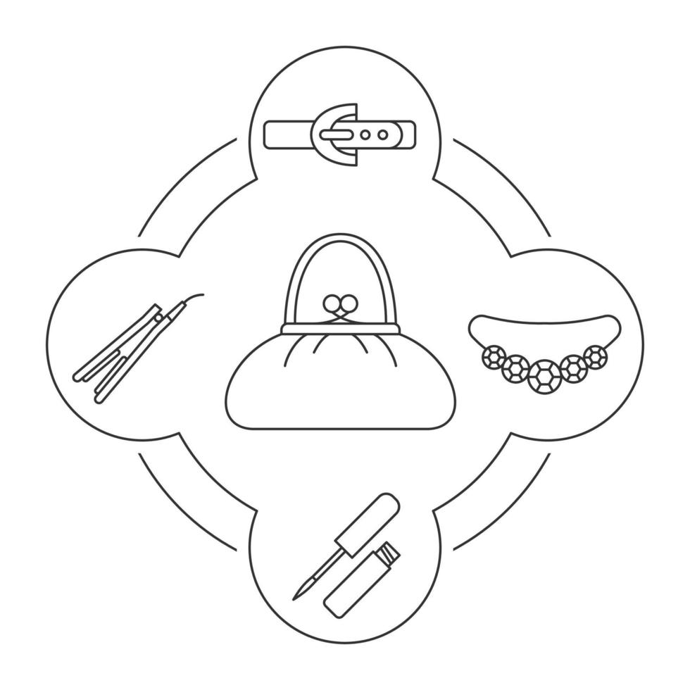 Woman's purse contents linear icons set. Leather belt, necklace, lip gloss, hair straightener. Isolated vector illustrations