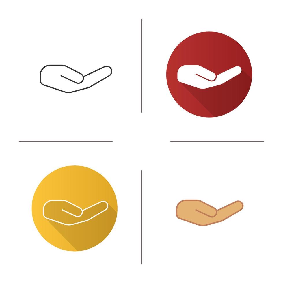 Begging hand gesture icon. Flat design, linear and color styles. Outstretched cupped hand. Isolated vector illustrations