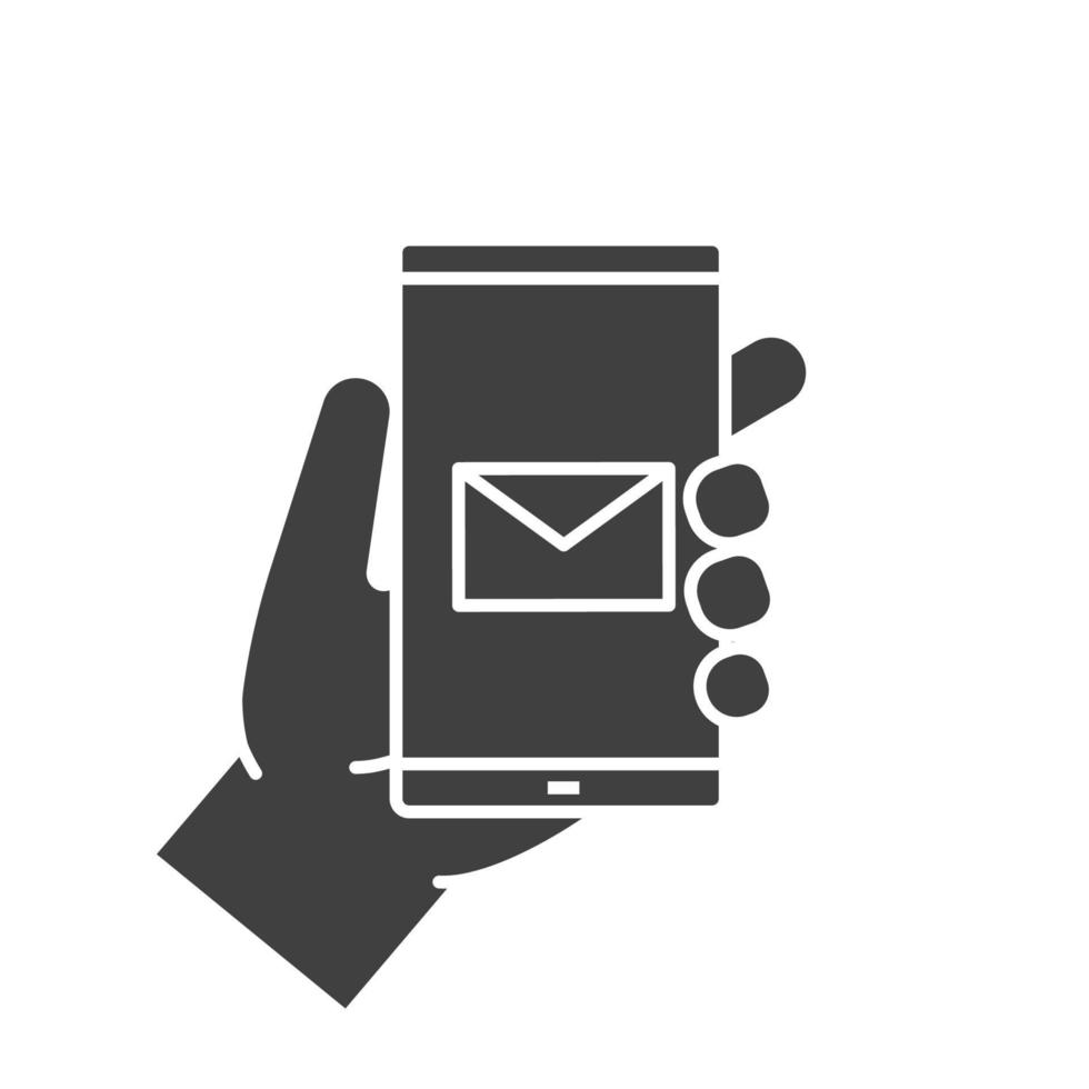 Hand holding smartphone glyph icon. Silhouette symbol. Smart phone sms message. Negative space. Vector isolated illustration