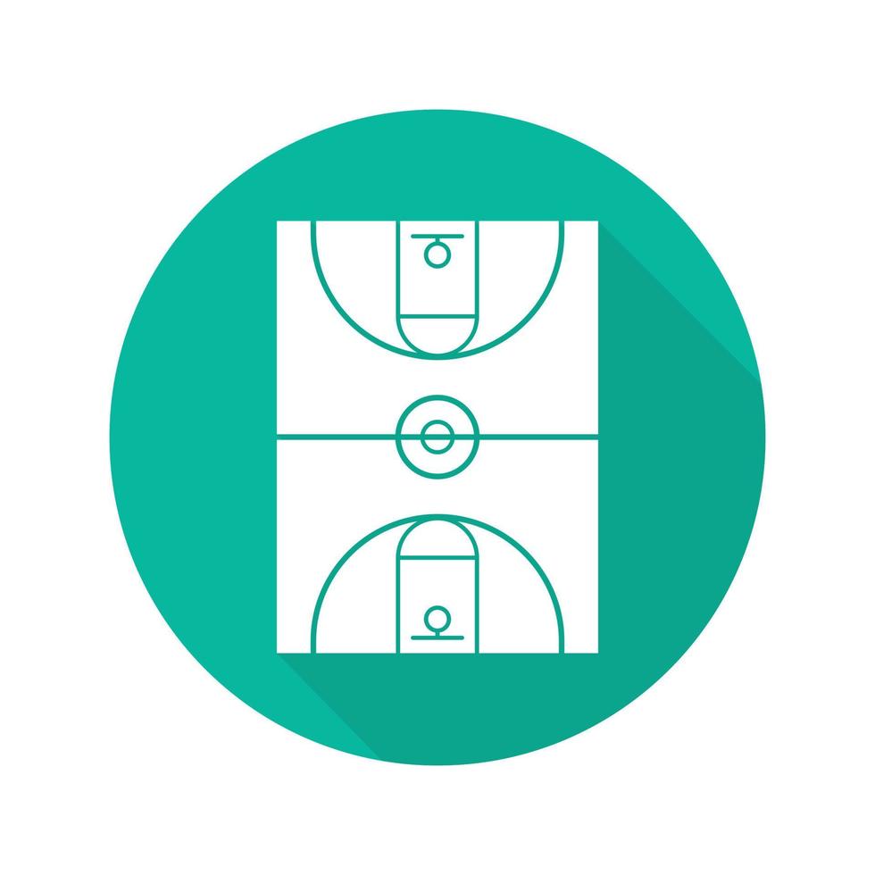 icono de glifo de larga sombra de diseño plano de cancha de baloncesto. ilustración de silueta de vector