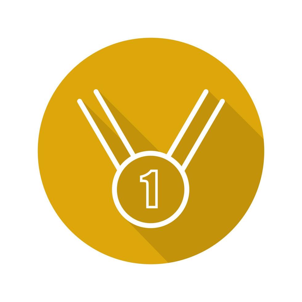 Gold medal flat linear long shadow icon. 1st place medal. Vector outline symbol