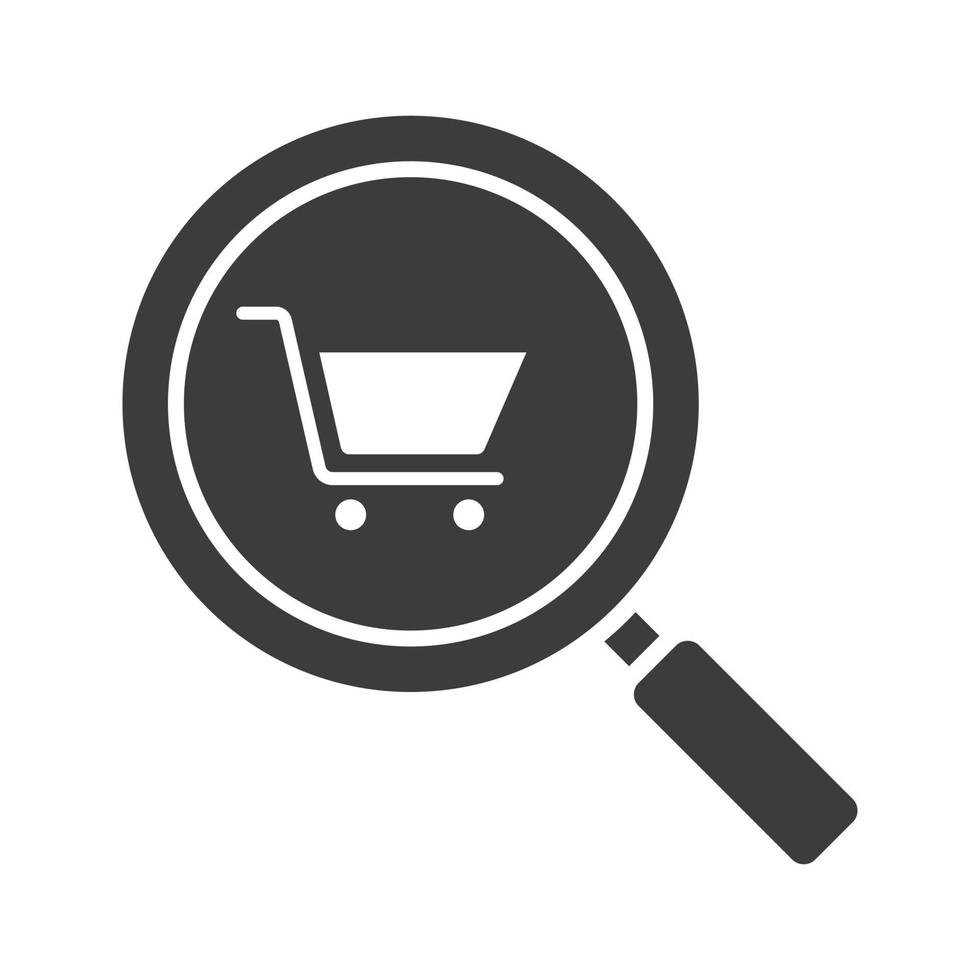 Supermarket search glyph icon. Silhouette symbol. Magnifying glass with shopping cart. Negative space. Vector isolated illustration