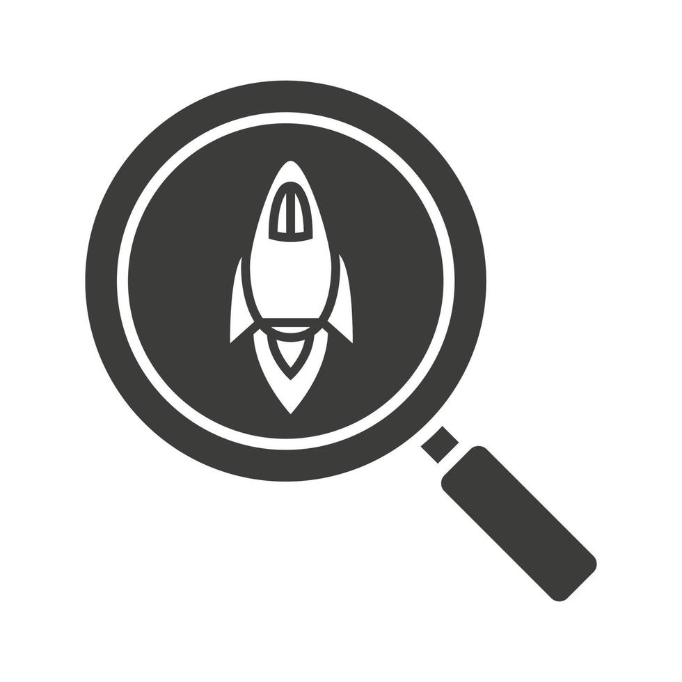 Startup project search glyph icon. Silhouette symbol. Magnifying glass with spaceship. Negative space. Vector isolated illustration