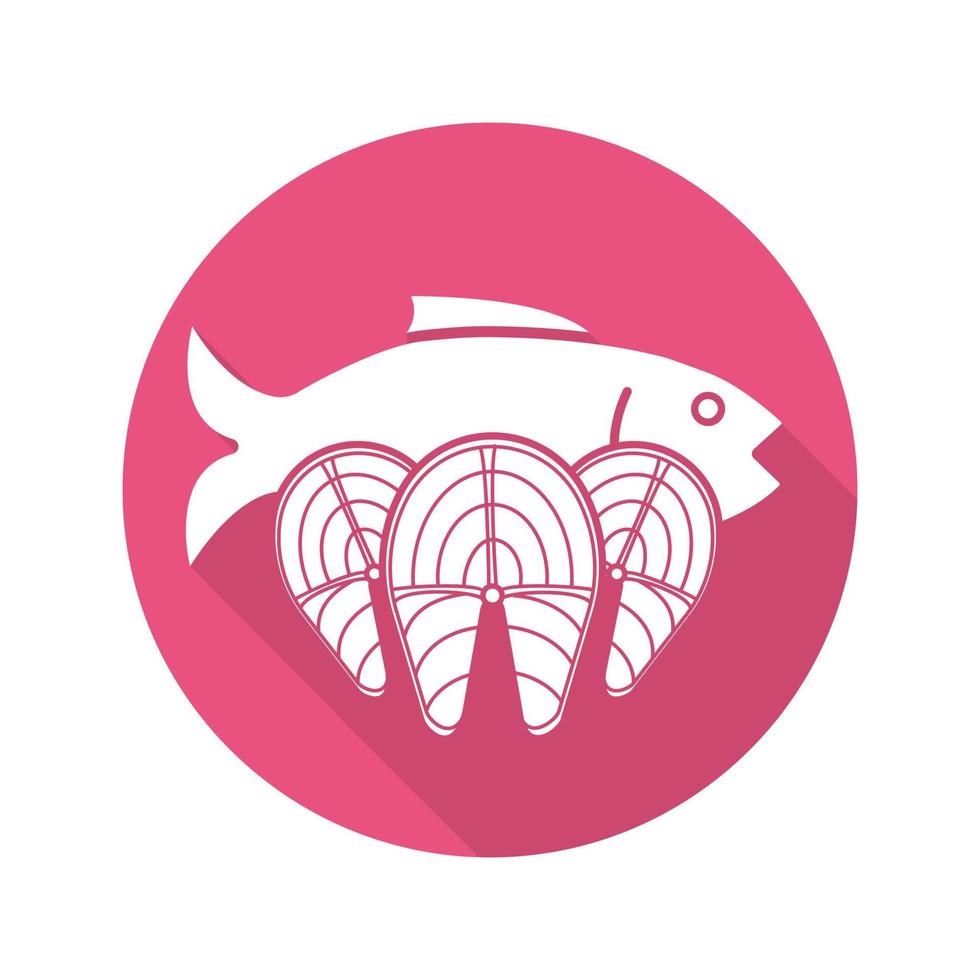 icono de glifo de larga sombra de diseño plano de mariscos. pez. filetes de salmón. ilustración de silueta de vector