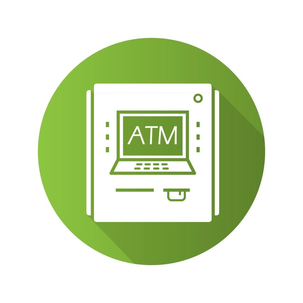 ATM machine flat design long shadow glyph icon. Bank cash machine. Vector silhouette illustration