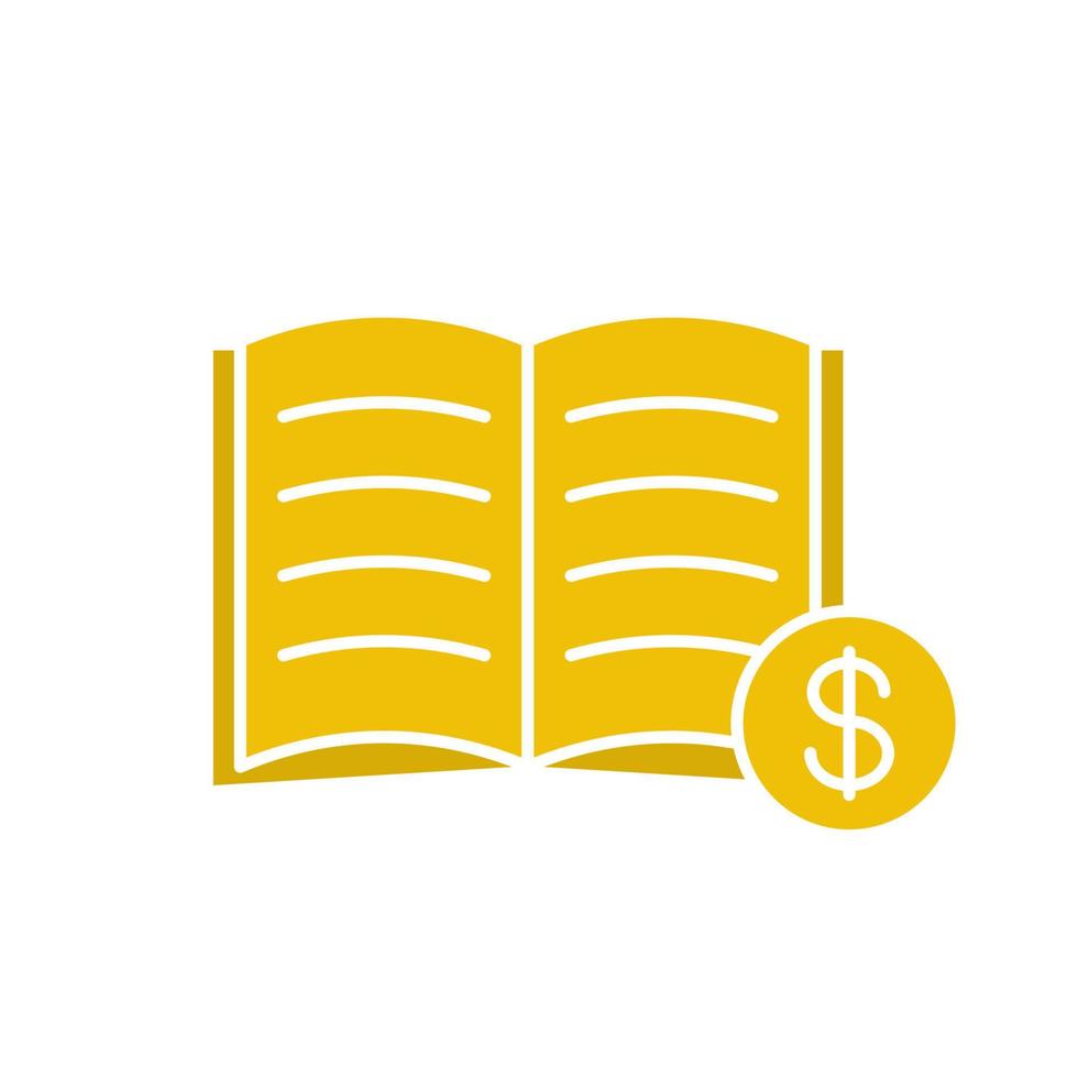 Comprar icono de color de glifo de libro. librería. libro de texto con signo de dólar. símbolo de silueta sobre fondo blanco. espacio negativo. ilustración vectorial vector