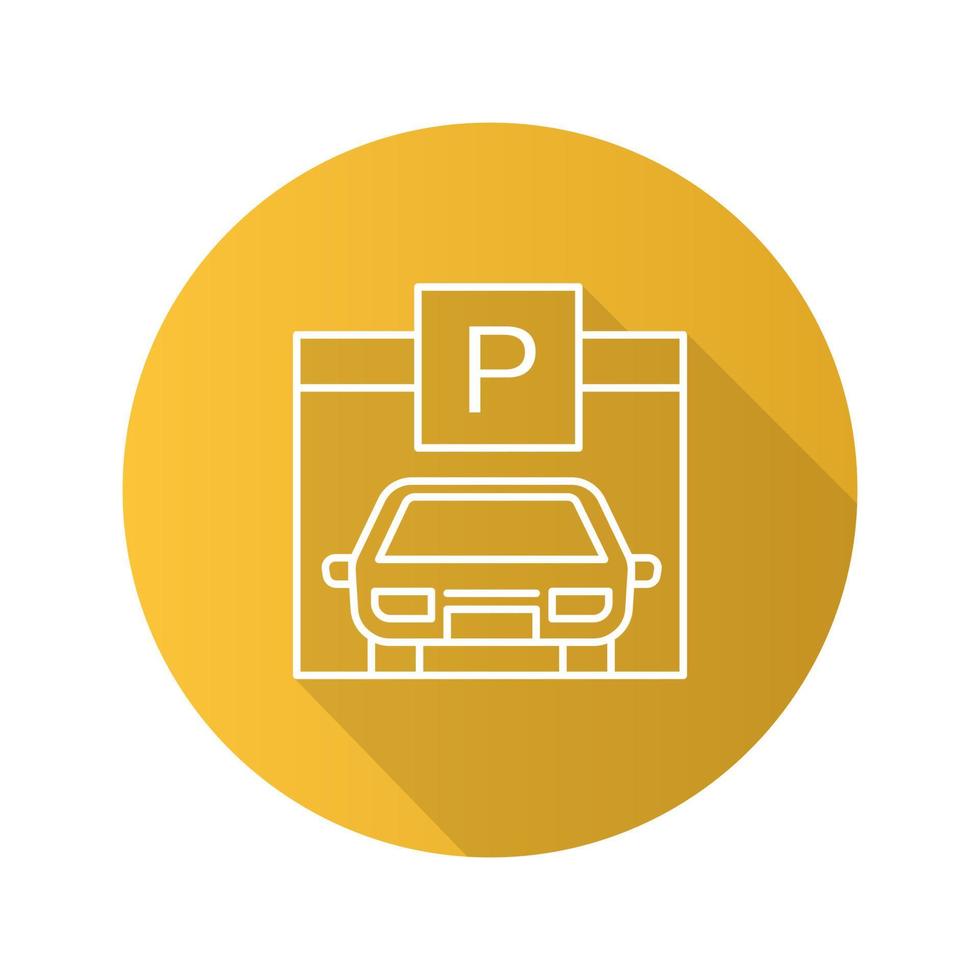 Parking place flat linear long shadow icon. Auto shed. Car garage with P sign. Vector outline symbol