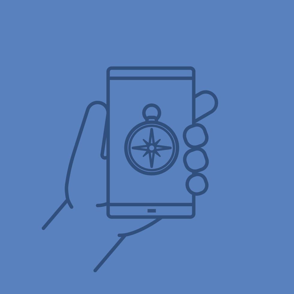 Hand holding smartphone color linear icon. Smart phone gps location app. Thin line outline symbols on color background. Vector illustration