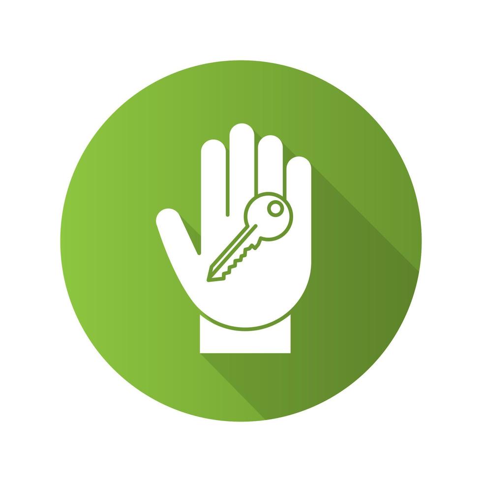 Hand with key flat linear long shadow icon. Realty purchase. Private property owner. Vector outline symbol