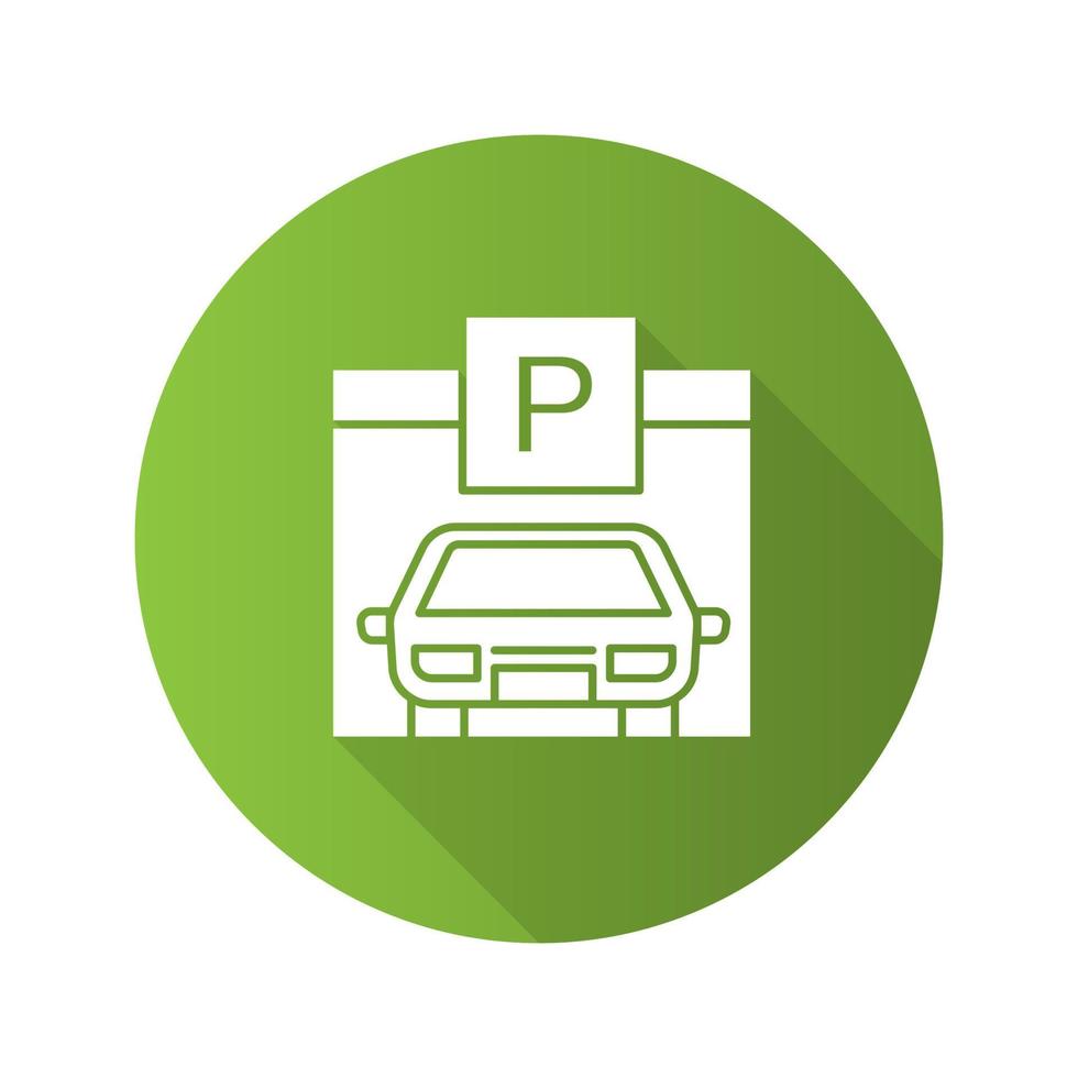 Parking place flat design long shadow glyph icon. Auto shed. Car garage with P sign. Vector silhouette illustration