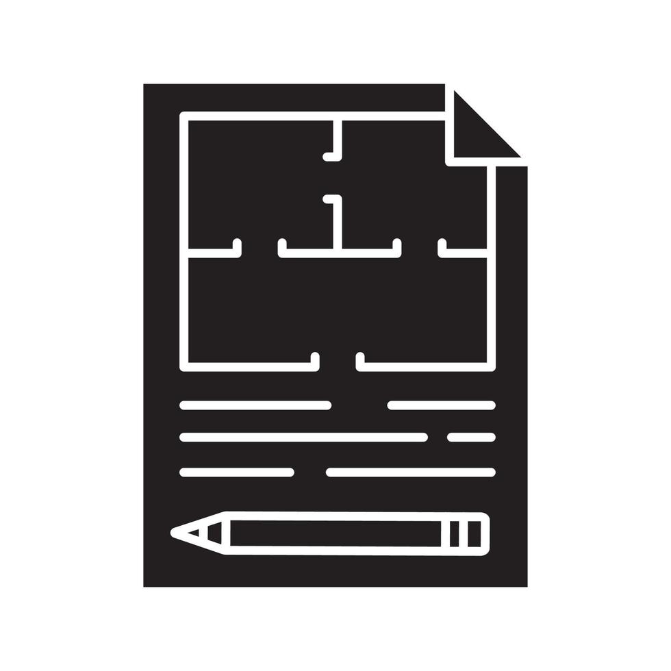 Floor plan, flat blueprint with pencil glyph icon. Apartment layout silhouette symbol. House engineering. Building business. Property development. Negative space. Vector isolated illustration