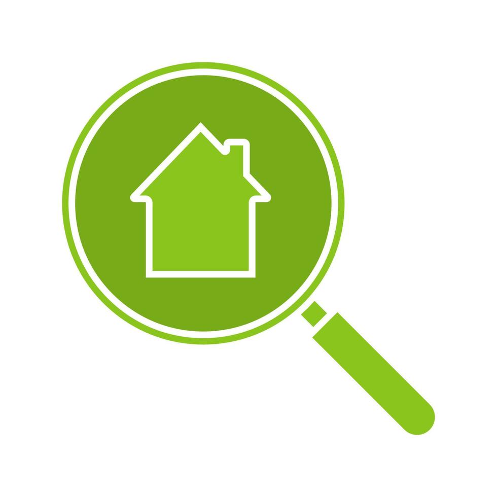 Real estate search glyph color icon. Looking for apartment. House hunt. Magnifying glass with building inside. Silhouette symbol on white background. Negative space. Vector illustration