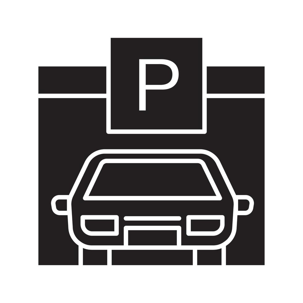 Parking place, carpark, auto shed glyph icon. Silhouette symbol. Car garage with P sign. Negative space. Vector isolated illustration