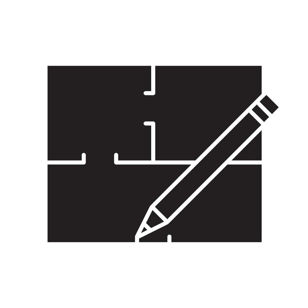 Floor plan, flat blueprint with pencil glyph icon. Apartment layout silhouette symbol. House engineering. Building business. Property development. Negative space. Vector isolated illustration