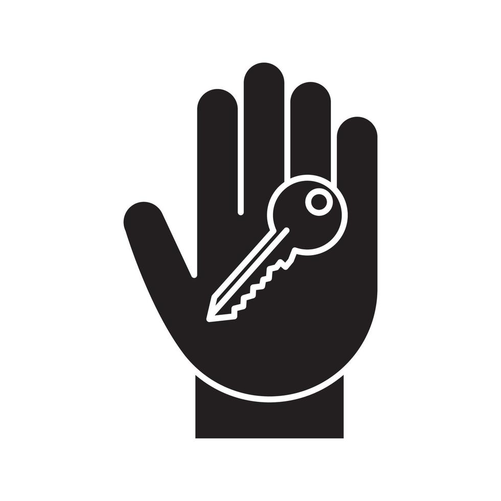 Hand with key glyph icon. Realty purchase. Private property owner silhouette symbol. Real estate. Negative space. Vector isolated illustration