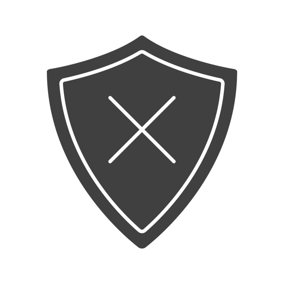 Security glyph icon. Silhouette symbol. Protection shield with cancel cross. Negative space. Vector isolated illustration