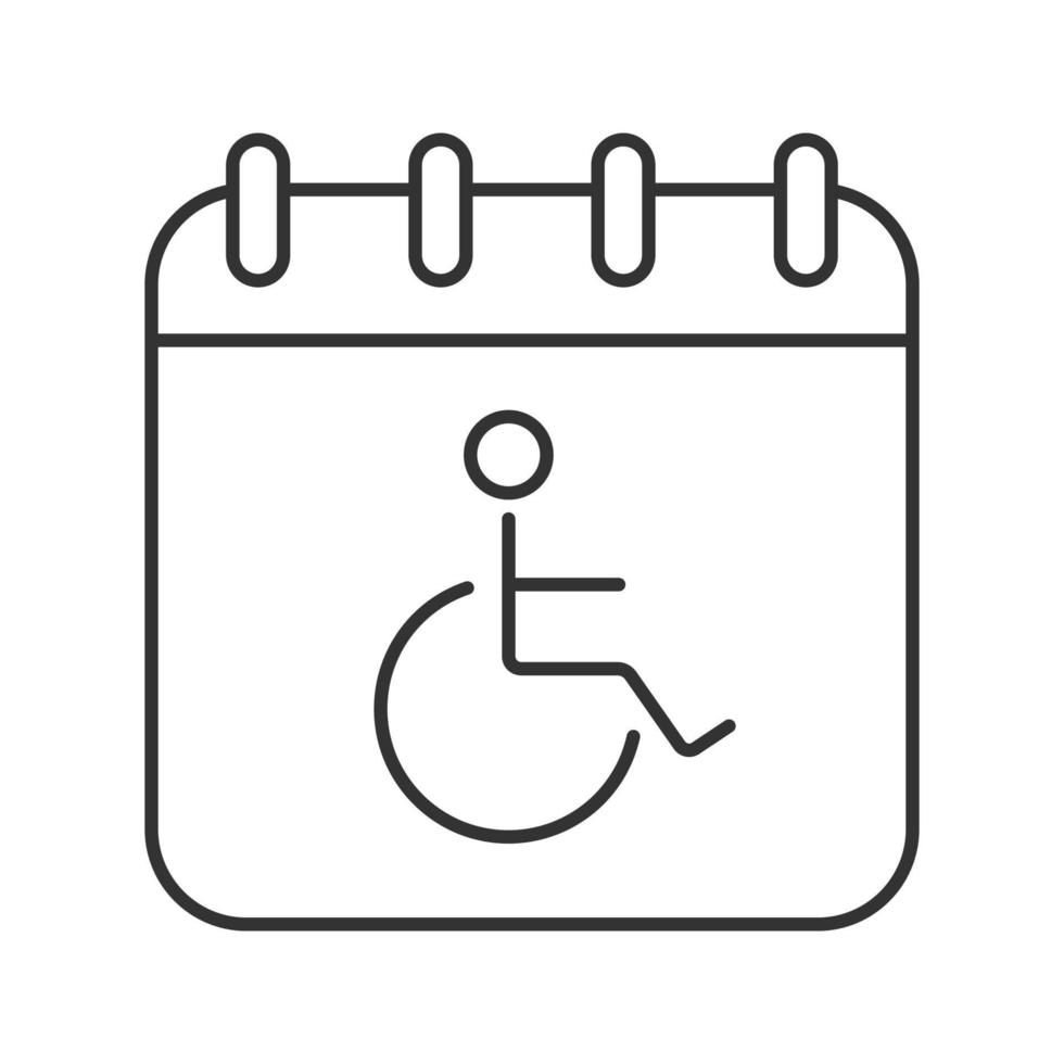 Disability day linear icon. Thin line illustration. Calendar page with wheelchair person contour symbol. Vector isolated outline drawing