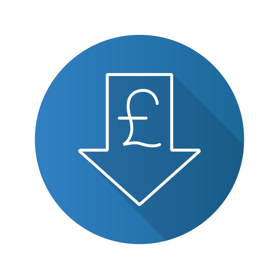 Pound rate falling flat linear long shadow icon. Great Britain pound with down arrow. Vector outline symbol