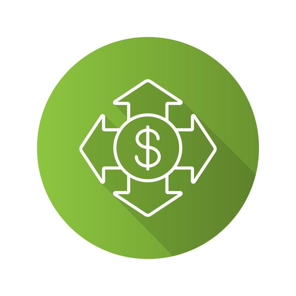 Money spending flat linear long shadow icon. USA dollar with all direction arrows. Vector outline symbol