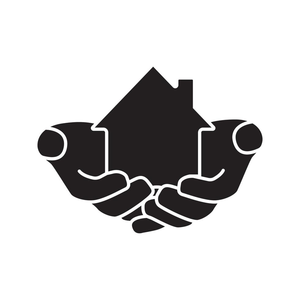House in hands glyph icon. Home loan. Mortrage silhouette symbol. Real estate insurance. Hands holding building. Realty investment. Negative space. Vector isolated illustration