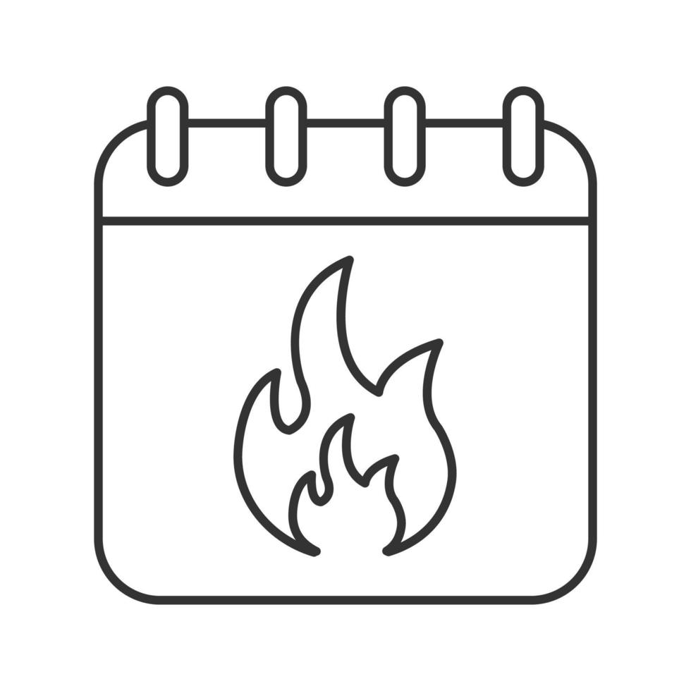 Deadline date linear icon. Thin line illustration. Calendar page with burning fire contour symbol. Vector isolated outline drawing