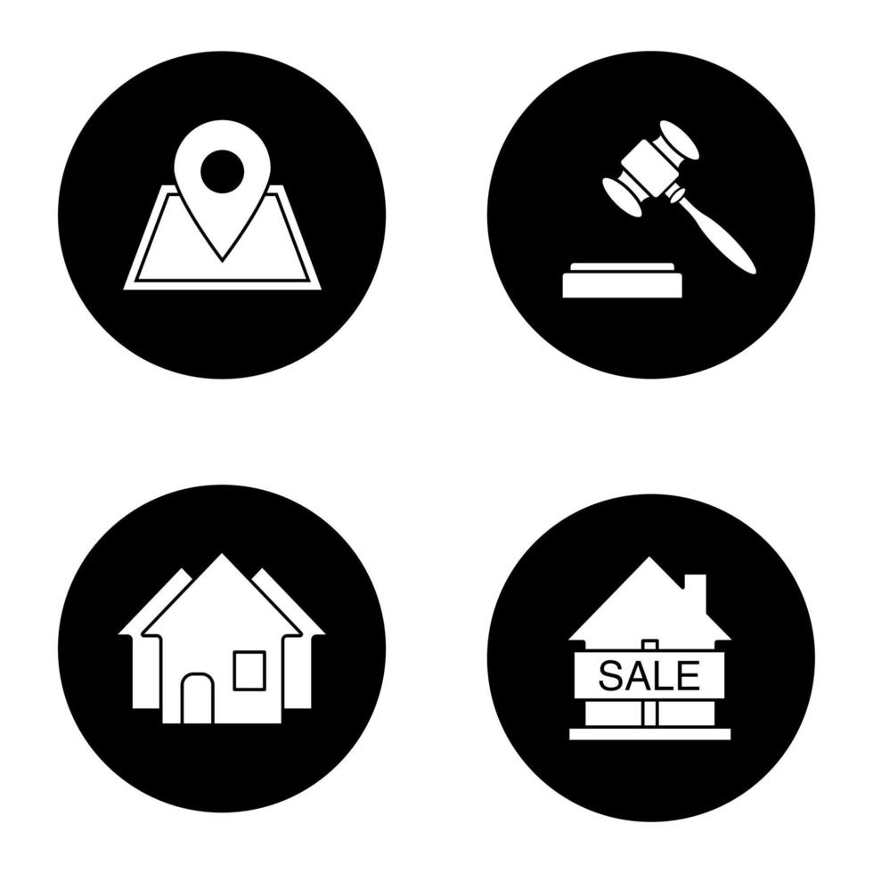 Real estate market glyph icons set. Building location, house for sale, gavel, three houses. Vector white silhouettes illustrations in black circles