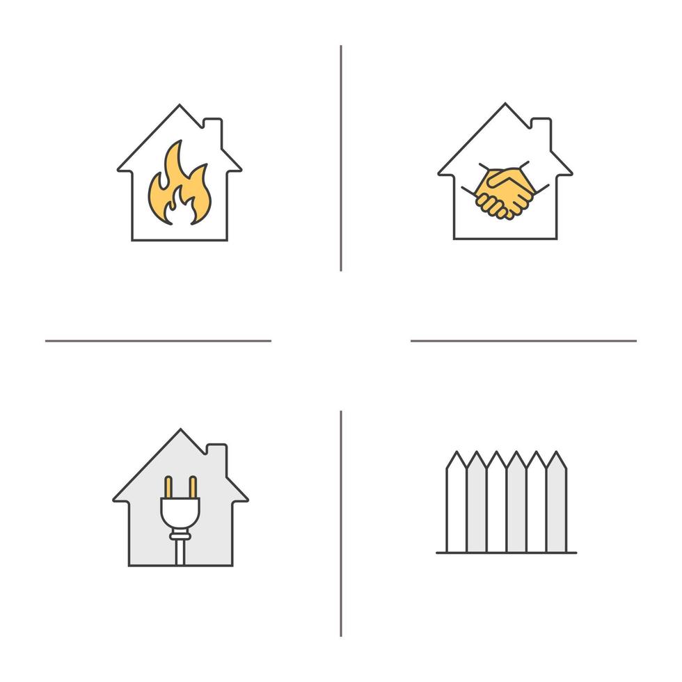 Real estate color icons set. Houses with plug and fire inside, fence, real estate deal. Isolated vector illustrations