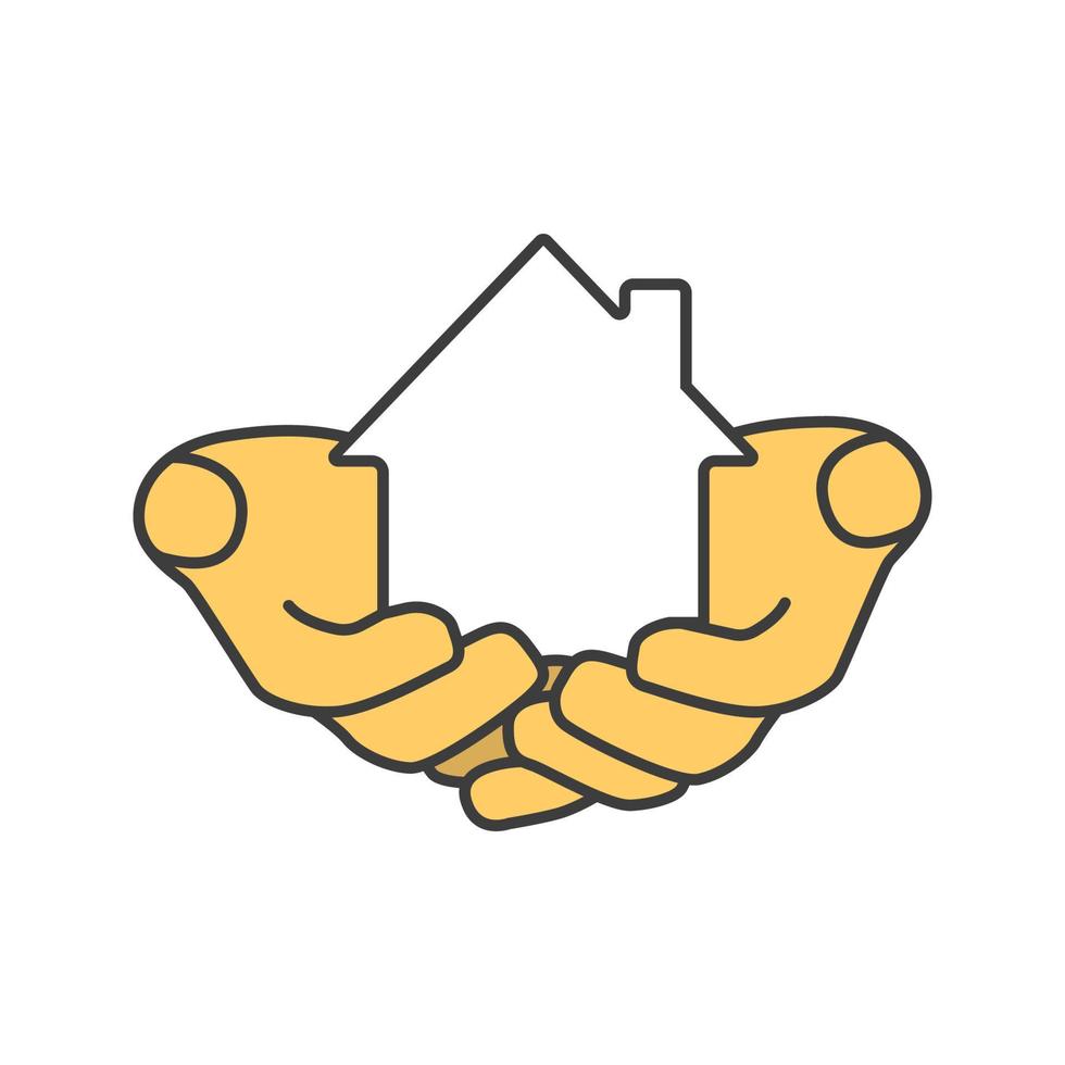 House in hands color icon. Home loan. Real estate insurance. Realty investment. Isolated vector illustration