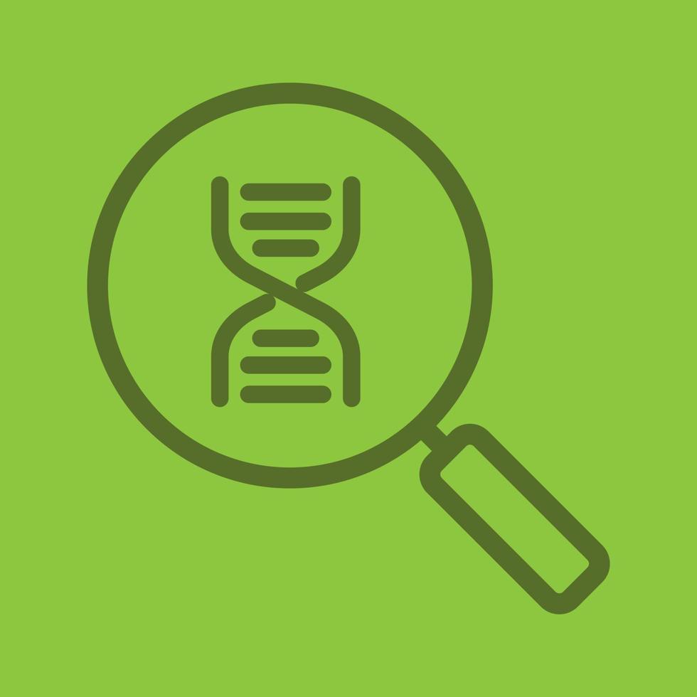 DNA research color linear icon. Magnifying glass with DNA chain model. Thick line outline symbols on color background. Vector illustration