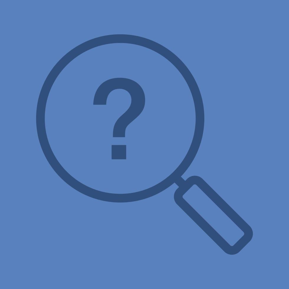 Problem solution search linear icon. Magnifying glass with question mark. Thick line outline symbols on color background. Vector illustration