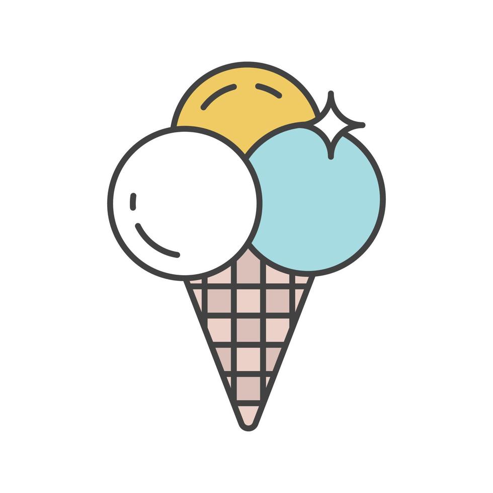 Ice cream color icon. Ice cream balls in waffle cone. Isolated vector illustration