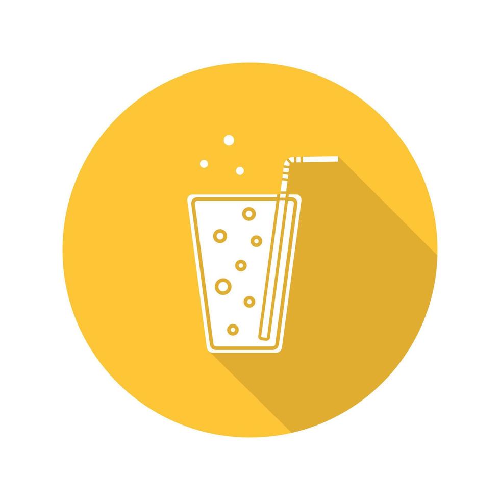 Lemonade flat design long shadow glyph icon. Soda glass with straw. Vector silhouette illustration