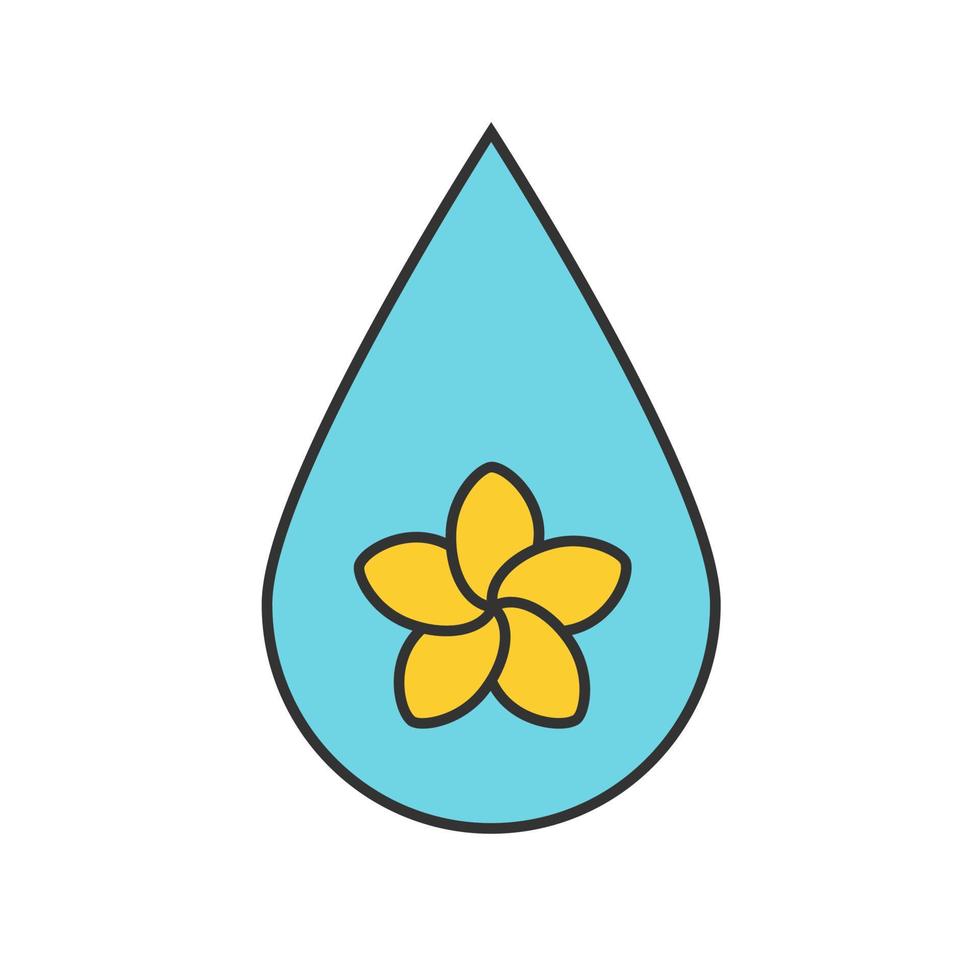 Aromatherapy oil drop color icon. Spa salon oil drop with plumeria flower inside. Isolated vector illustration