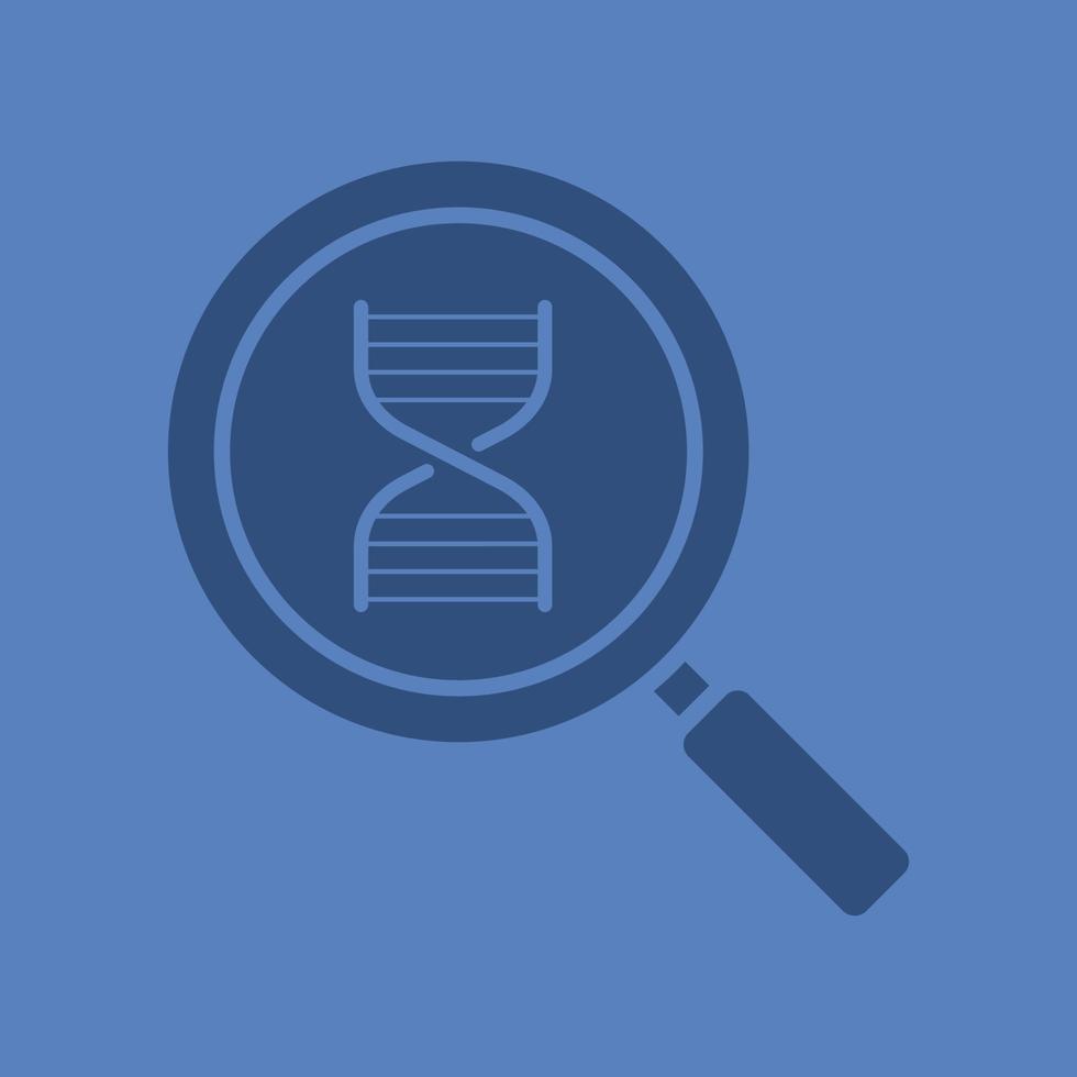 DNA research glyph color icon. Silhouette symbol. Magnifying glass with DNA chain model. Negative space. Vector isolated illustration