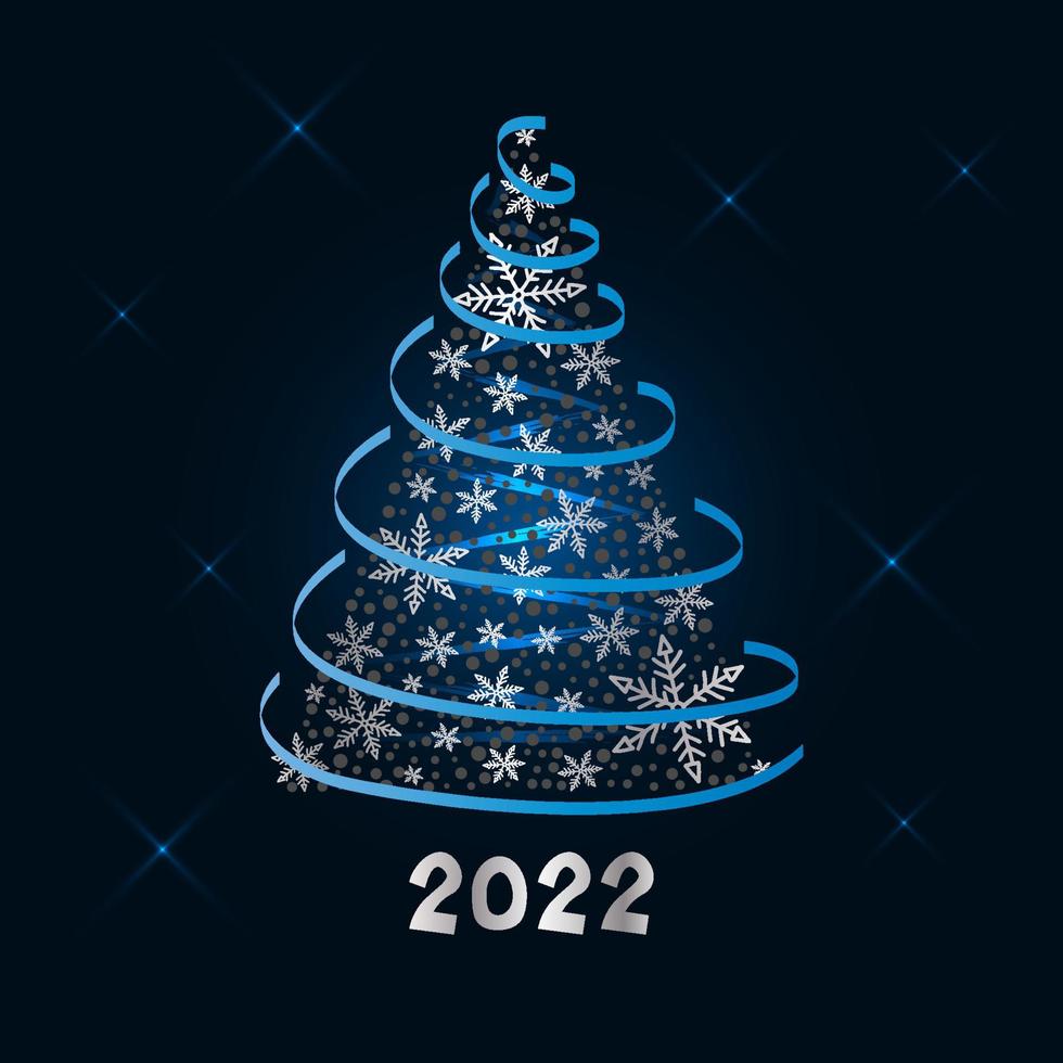 Magic lush silver Christmas tree of snowflakes with a blue ribbon on a dark blue background. Merry Christmas and Happy New Year 2022. Vector illustration.