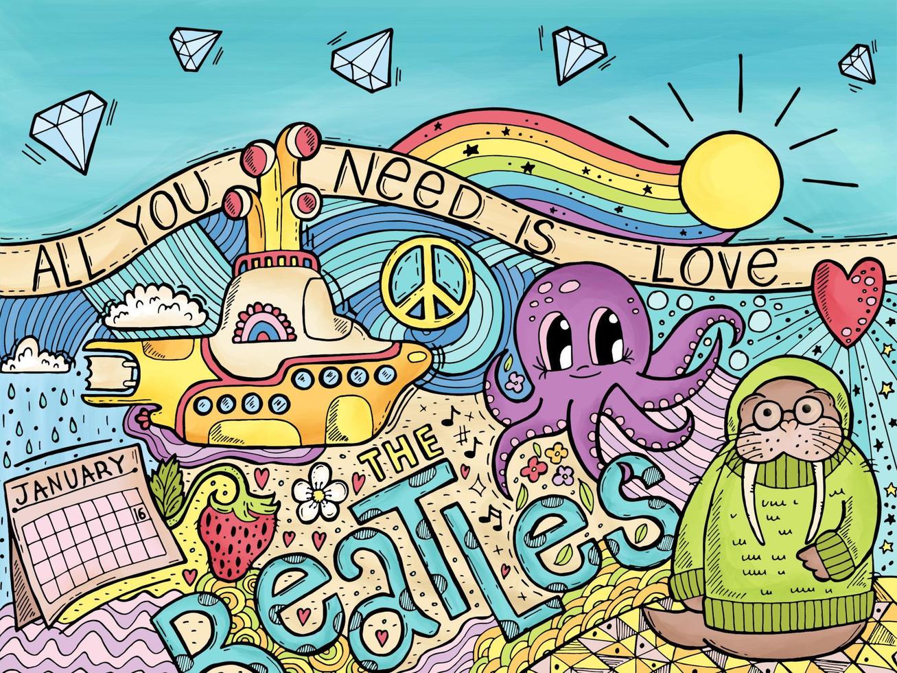 las canciones de los beatles. Doodle zen dibujado a mano, arte zen. Todo lo que necesitas es amor. el jardín del pulpo. submarino amarillo. el día de los beatles - 16 de enero. campos de fresas para siempre. lucy en el cielo con diamante. vector