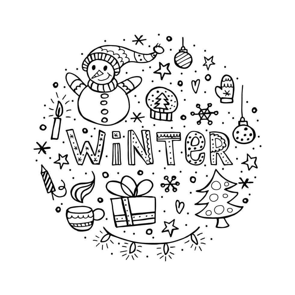 A set of winter elements in the doodle style. Hand-drawn illustration in the shape of a ball. Happy New Year 2022. Merry Christmas. vector