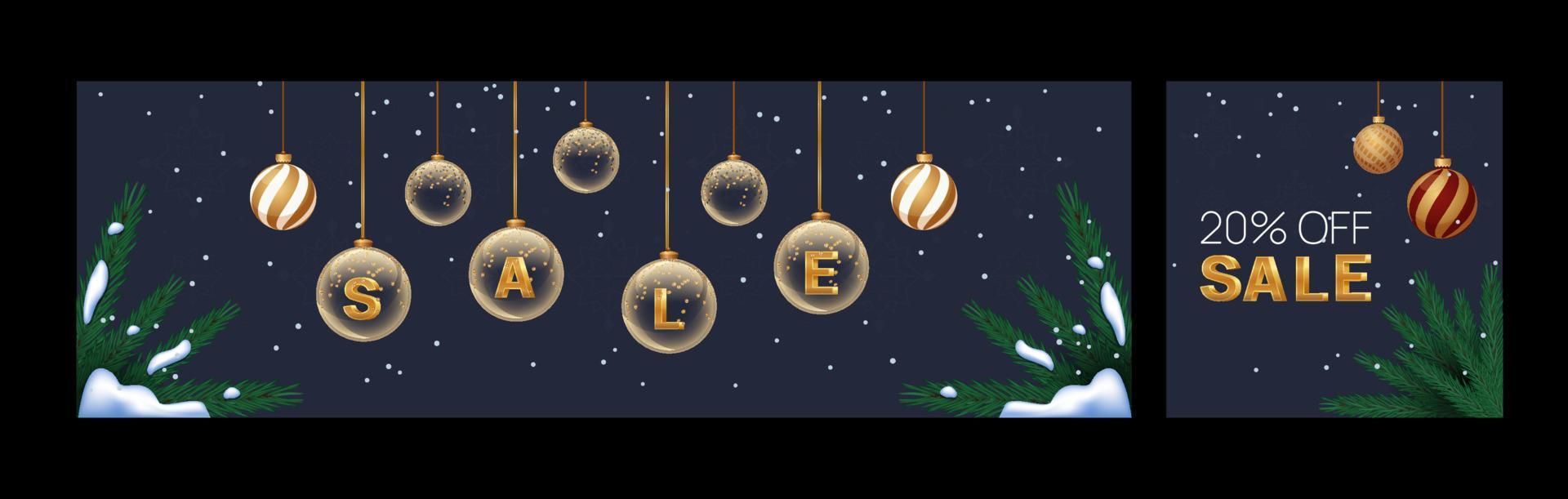 Conjunto de banners de año nuevo. plantilla de venta de navidad para publicidad. Diseño de publicaciones en redes sociales con ramas de abeto y bolas de cristal. vector