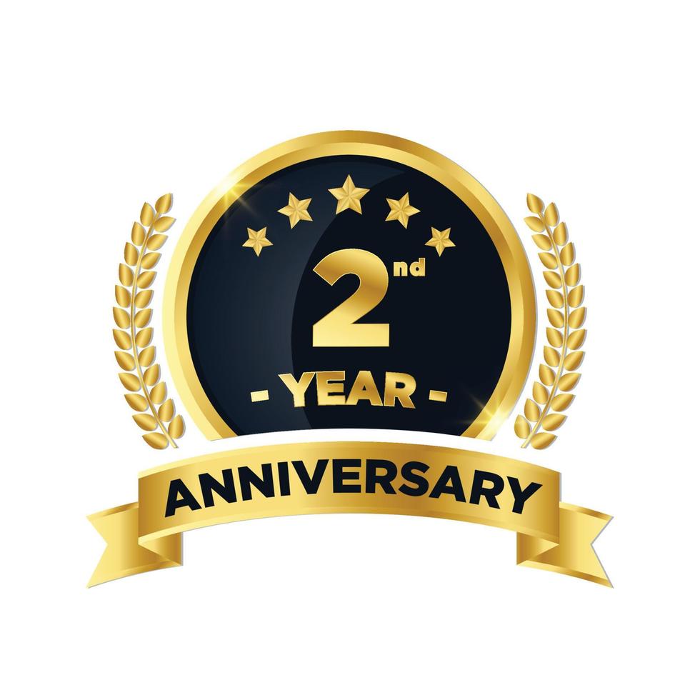 Second Anniversary golden badge with ribbon and laurel emblem style vector