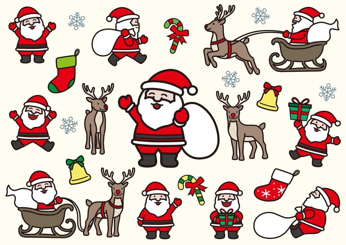 Divertidos dibujos animados de Papá Noel y renos en poses dinámicas, ilustración vectorial aislado sobre fondo blanco. vector