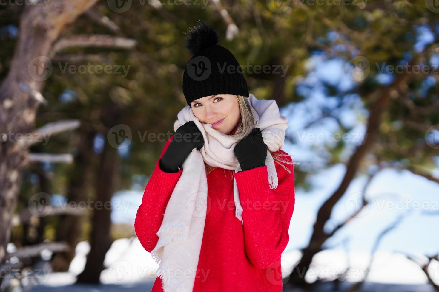 dulce mujer rubia en un bosque nevado en las montañas en invierno, en sierra nevada, granada, españa. foto