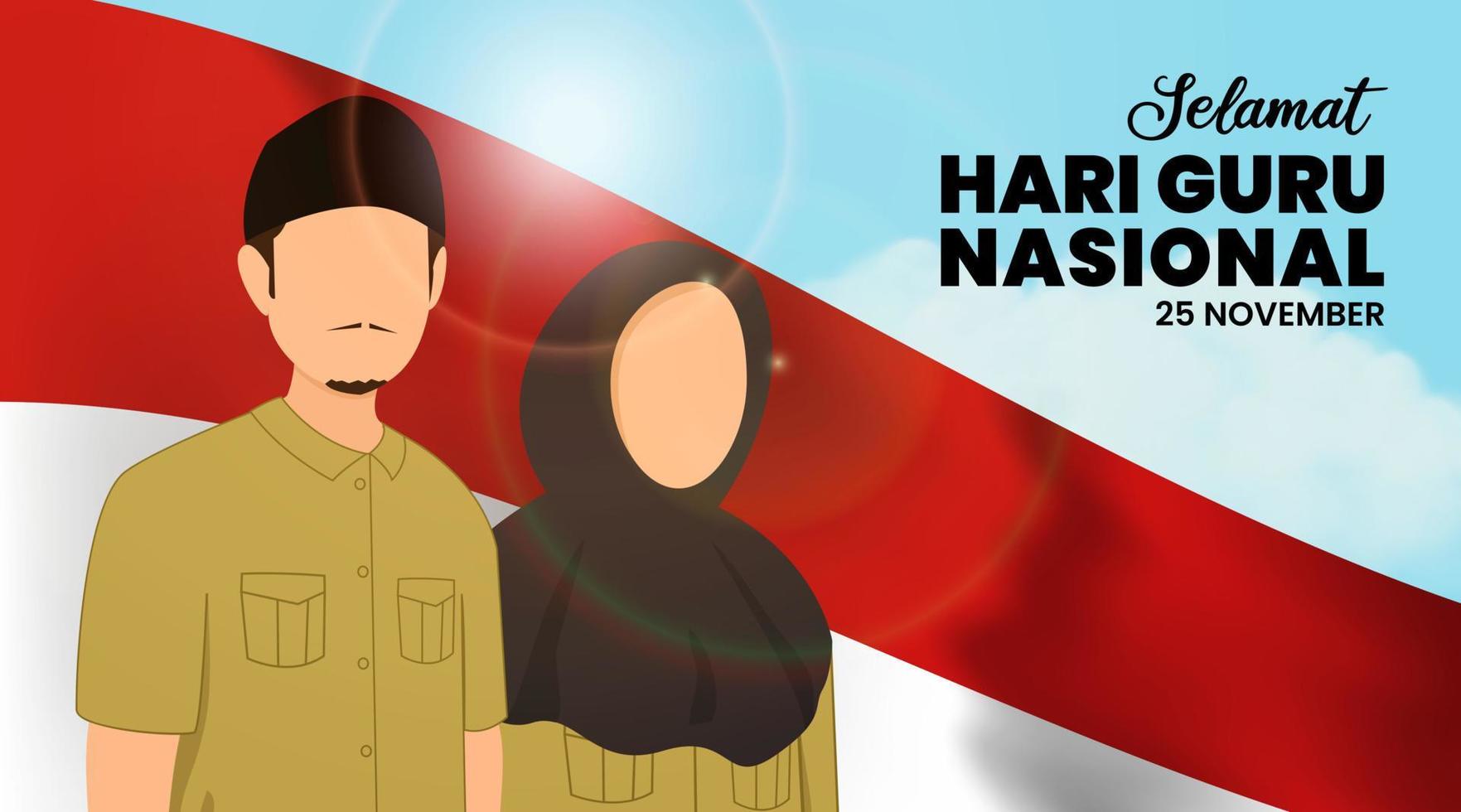 Selamat hari guru nasional or happy Indonesia teachers day background with teachers stand below of flag vector