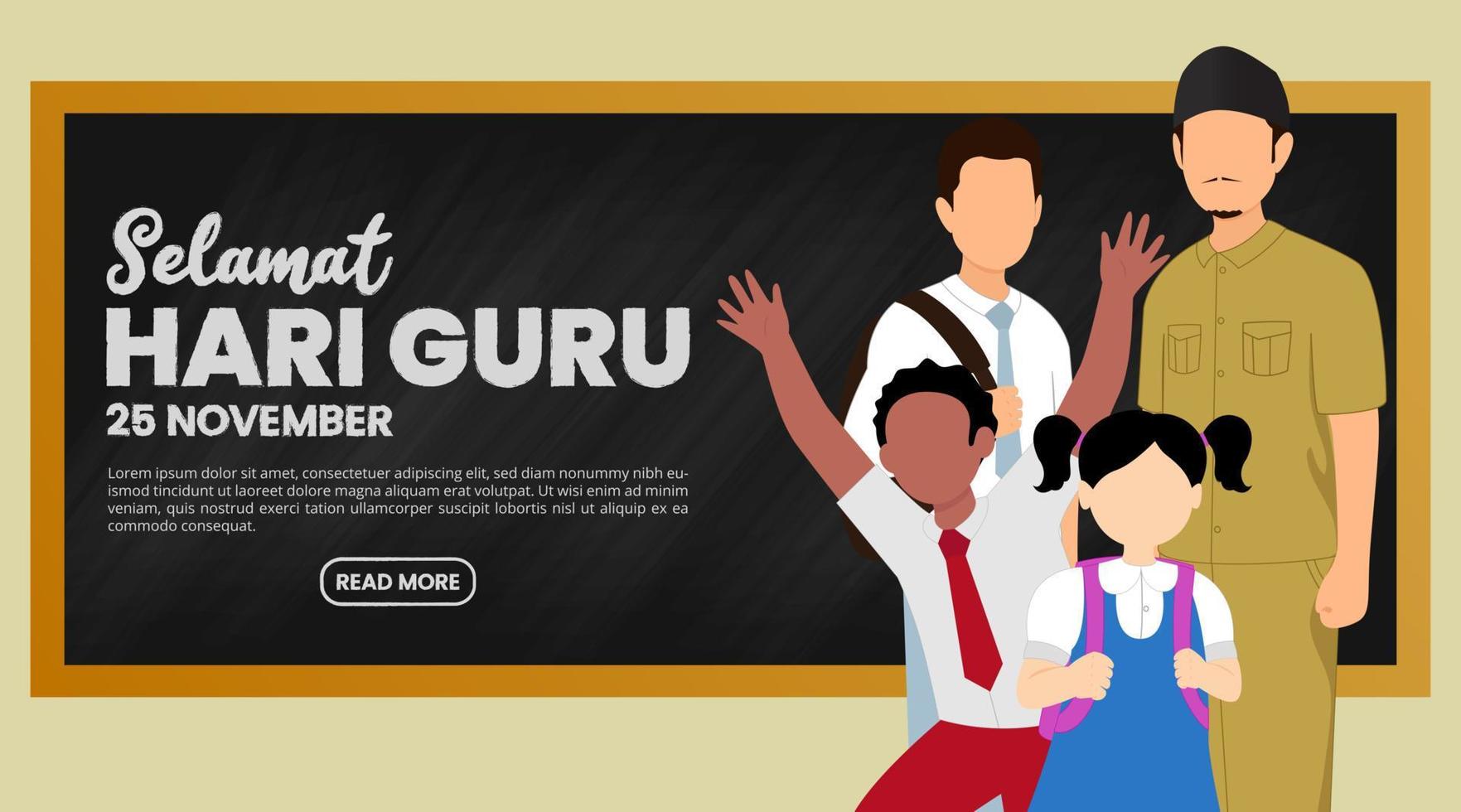 Selamat hari guru nasional or happy Indonesia teachers day background with teacher and students illustration vector