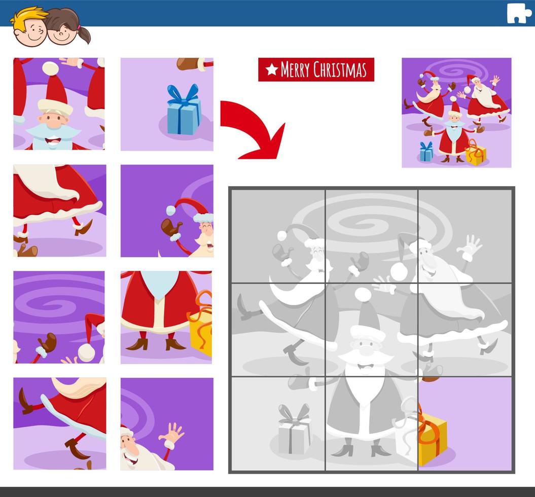 jigsaw puzzle game with Santa Claus Christmas holiday characters vector