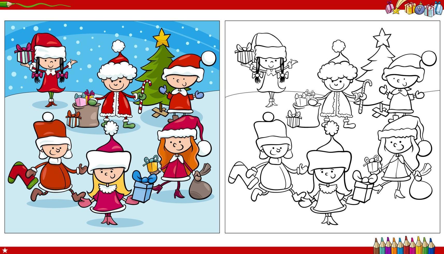 children in Santa Claus costumes on Christmas coloring book page vector