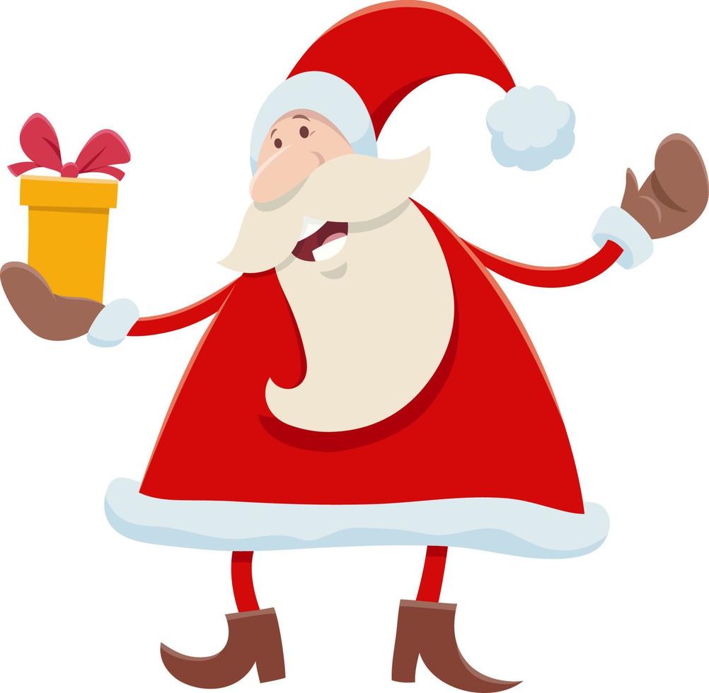 Divertido personaje de dibujos animados de santa claus con presente en Navidad vector