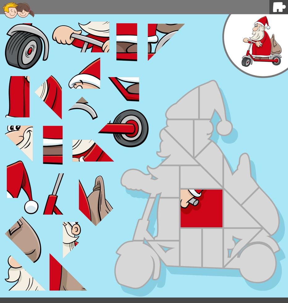 jigsaw puzzle game with cartoon Santa Claus character on scooter vector