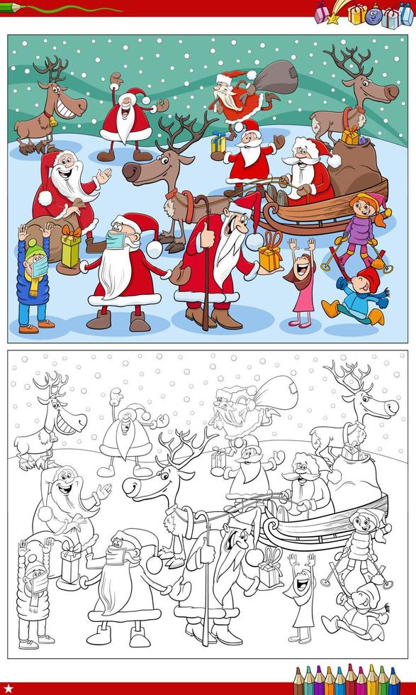 cartoon Santa Claus Christmas characters group coloring book page vector